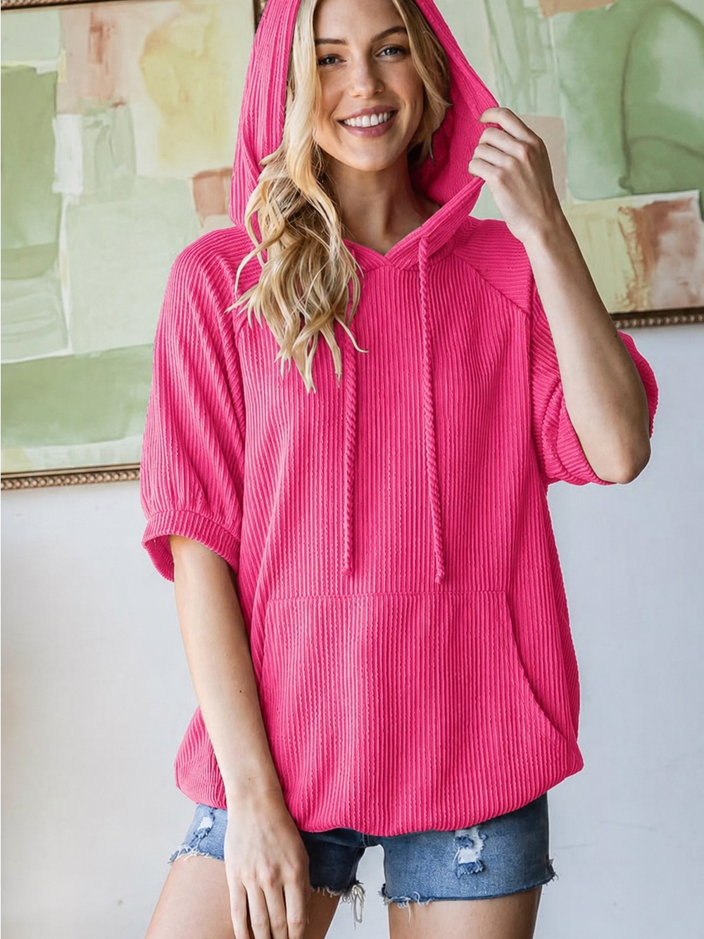 Heimish Bright Pink Hooded Short-Sleeve Ribbed Pullover Top 2X - Picture 1 of 7